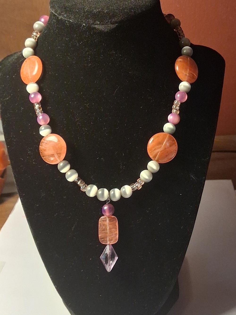 Genuine Pink Quartz & Gray Cats Eye Pendant Necklace Set - NEW